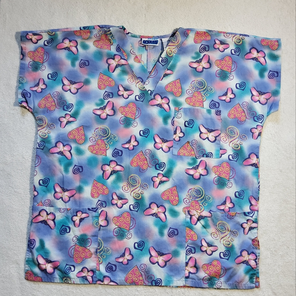 MHD Scrub Top Purple Blue Butterfly Women's Size Large Nurse Medical Vet *SPOT*